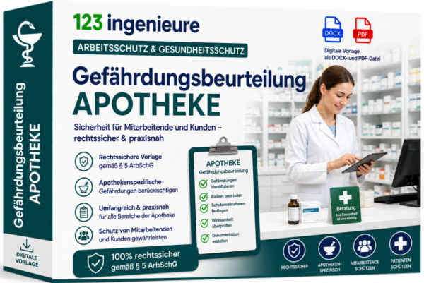 Gefährdungsbeurteilung Apotheke von 123Ingenieure – rechtssichere Vorlage gemäß § 5 ArbSchG für Apotheken mit branchenspezifischen Gefährdungen als digitale DOCX- und PDF-Datei für den sicheren Apothekenbetrieb.