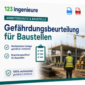 Gefährdungsbeurteilung für Baustellen von 123Ingenieure – rechtssichere Vorlage gemäß § 5 ArbSchG für Bauunternehmen und Baustellen als digitale DOCX- und PDF-Datei mit branchenspezifischen Inhalten für den Arbeitsschutz auf Baustellen.