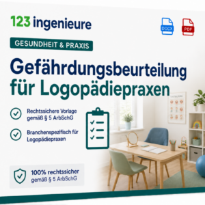 Gefährdungsbeurteilung für Logopädiepraxen von 123Ingenieure – rechtssichere Vorlage gemäß § 5 ArbSchG für Logopädie und Sprachtherapiepraxen als digitale DOCX- und PDF-Datei.