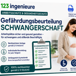 Gefährdungsbeurteilung Schwangerschaft von 123Ingenieure – rechtssichere Vorlage gemäß Mutterschutzgesetz (MuSchG) zur sicheren Gestaltung von Arbeitsplätzen für schwangere und stillende Beschäftigte als digitale DOCX- und PDF-Datei.