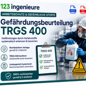 Gefährdungsbeurteilung TRGS 400 von 123Ingenieure – rechtssichere Vorlage zur Gefährdungsbeurteilung nach TRGS 400 für Tätigkeiten mit Gefahrstoffen gemäß § 5 ArbSchG als digitale DOCX- und PDF-Datei.