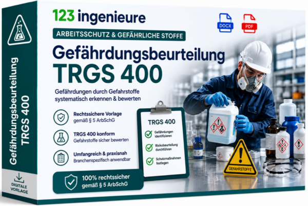 Gefährdungsbeurteilung TRGS 400 von 123Ingenieure – rechtssichere Vorlage zur Gefährdungsbeurteilung nach TRGS 400 für Tätigkeiten mit Gefahrstoffen gemäß § 5 ArbSchG als digitale DOCX- und PDF-Datei.