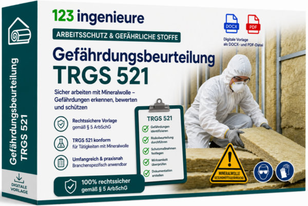 Gefährdungsbeurteilung TRGS 521 von 123Ingenieure – rechtssichere Vorlage für Tätigkeiten mit alter Mineralwolle gemäß TRGS 521 und § 5 ArbSchG als digitale DOCX- und PDF-Datei für Sanierungs-, Ausbau- und Entsorgungsarbeiten.