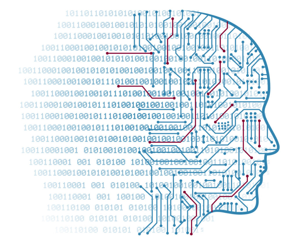 Digitale Kopf-Silhouette mit Leiterbahnen und Binärcode zur Gefährdungsbeurteilung mit künstlicher Intelligenz