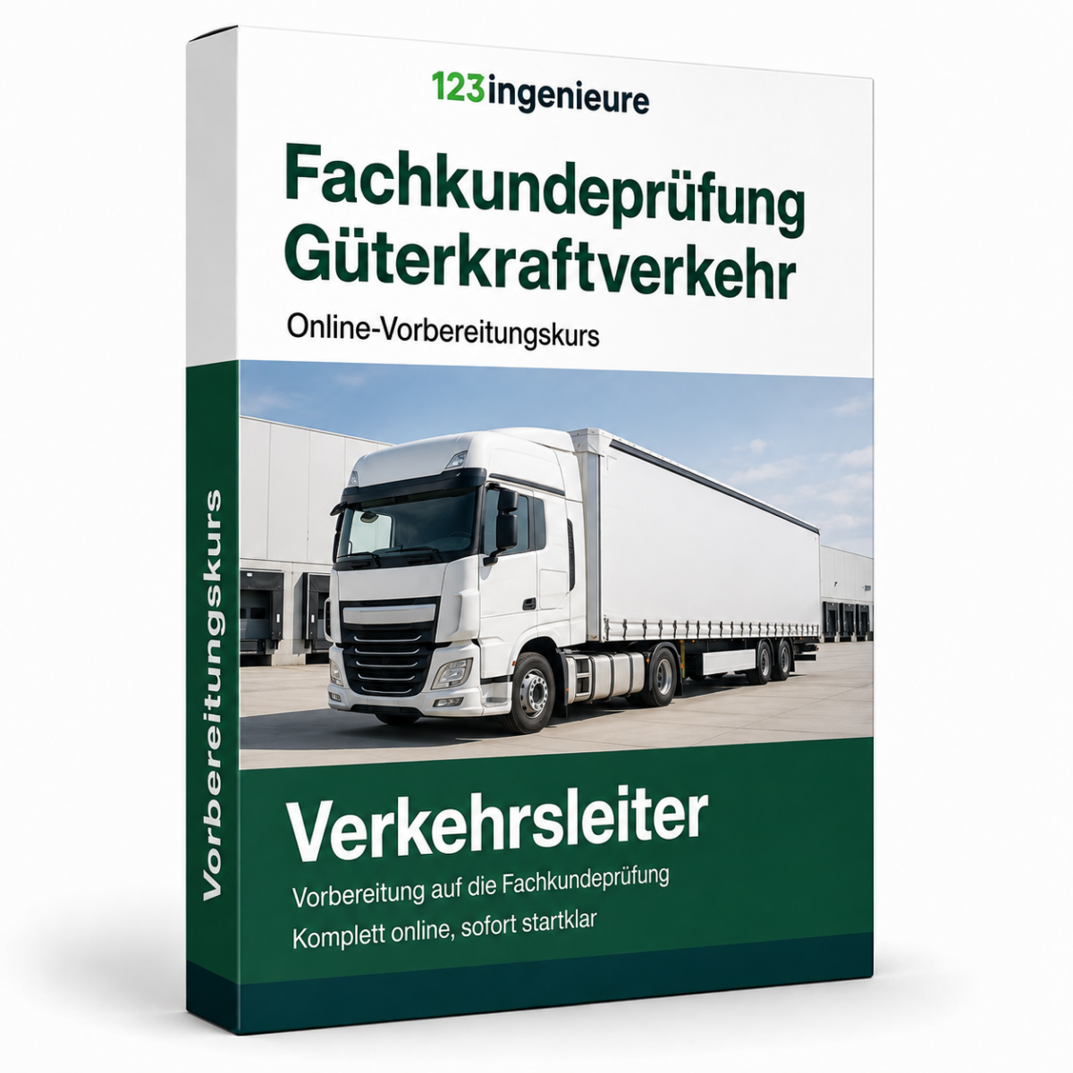 3D-Produktbox zum Online-Kurs Fachkundeprüfung Güterkraftverkehr zur Vorbereitung auf die Tätigkeit als Verkehrsleiter.