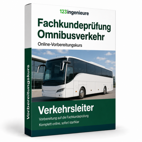 3D-Produktbox zum Online-Kurs Fachkundeprüfung Omnibusverkehr zur Vorbereitung auf die Tätigkeit als Verkehrsleiter.