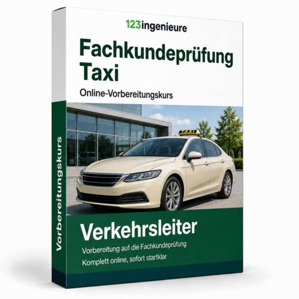 3D-Produktbox zum Online-Kurs Fachkundeprüfung Taxi zur Vorbereitung auf die Tätigkeit als Verkehrsleiter.