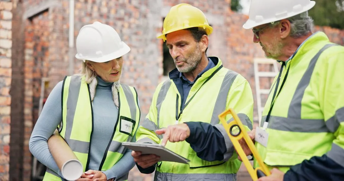 Bauleiter und Fachkräfte mit Schutzhelm besprechen Pläne auf der Baustelle