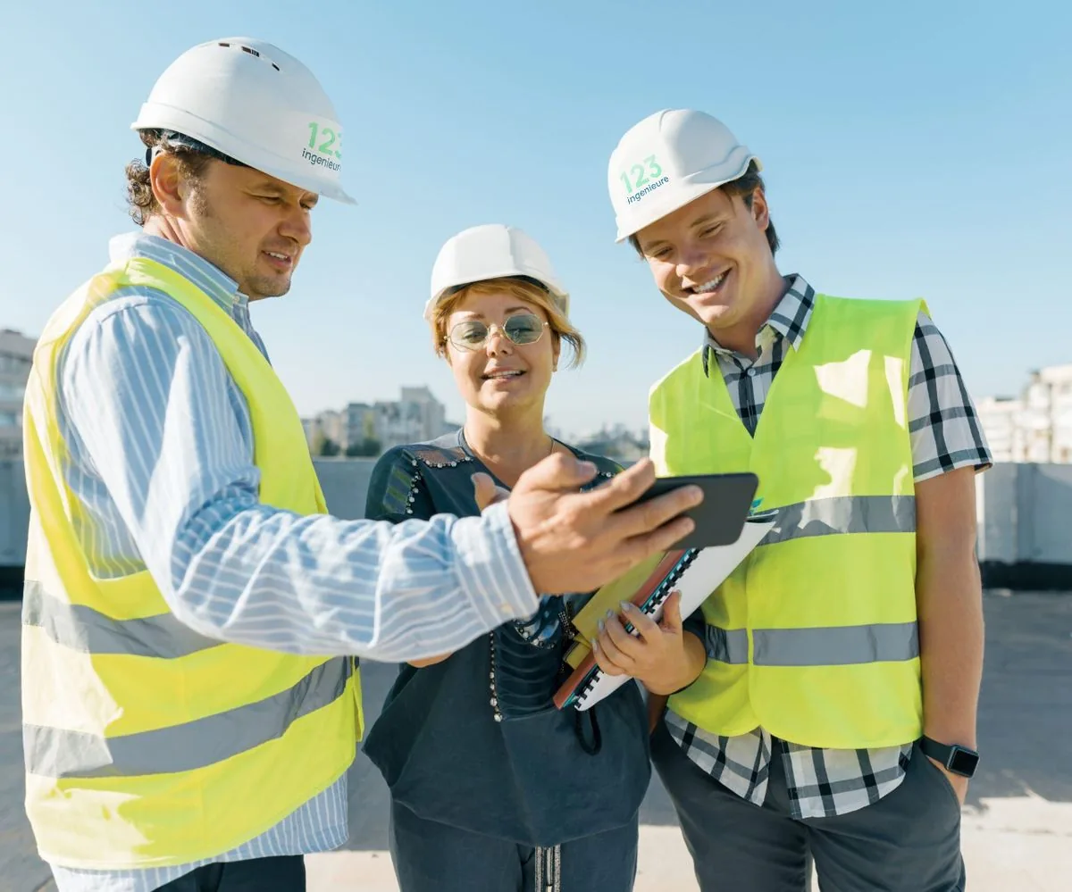 Fachleute mit Schutzhelmen von 123ingenieure besprechen auf einer Dachbaustelle Unterlagen am Smartphone